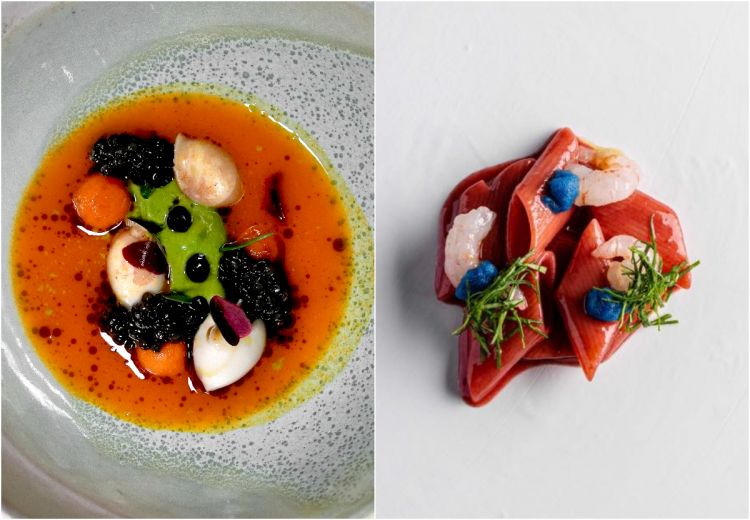 Gnocco di cannolicchio di Francesco Sodano al Famiglia Rana di Oppeano (Verona) e, a destra, Pennone, fragola, gambero, rucola di Daniele Lippi all'Acquolina di Roma
