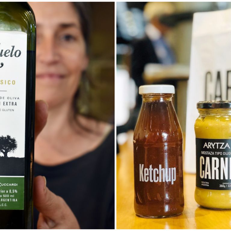 Sulla sinistra, Carolina Colagreco e l'olio Zuelo di Zuccardi, uno degli ingredienti di lusso usati dalla catena fastfood di Colagreco. Sulla destra, il ketchup è prodotto artiginalmente da PampaGourmet di Guillermo Frusto, con pomodori agroecologici. Mentre la senape dijon è prodotta da Arytza di Leo Merlo, entrambi senza additivi né conservanti chimici
