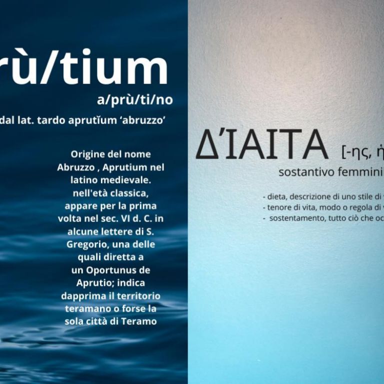 Da dove deriva il termine Aprudia? È una crasi tra aprùtium, il termine del latino medioevale che prese a indicare l'Abruzzo, e la parola greca δίαιτα (diaita), ossia abitudine, modo di vivere, da cui il latino diaeta e il nostro dieta
