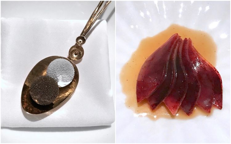 A sinistra, Cioccolato fondente e riduzione di topinambur. A destra, Mele Ingrid Marie con bacche di aronia, burro di mele e fiori di cannella croccanti
