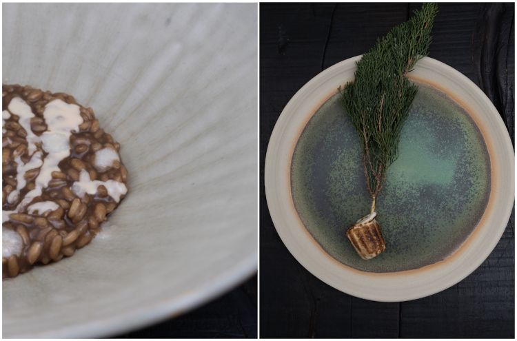 Terzo atto: Risotto all'aglio nero, capra e rafano, signature di Grow, seguito in chiusura dal Marshmallow alla vaniglia ripieno di mou all’uva spina, abbinato a un gelato di koji nero firmato da Tres
