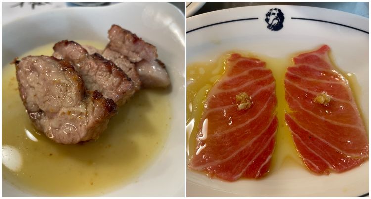 A sinistra, un'Animella alla brace di cui ancora conserviamo la memoria a diversi mesi dall'assaggio. A destra un eccellente Carpaccio di ventresca di tonnetto