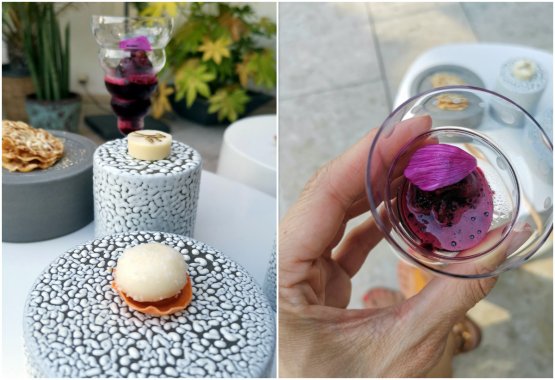 Petit Fours. Patata dolce e formaggio di capra e, a destra, Sorbetto di barbabietola e ibisco