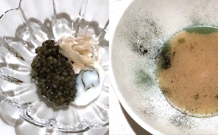 Caviale Oscietra "Gold", noce leggermente affumicata, latte di fattoria e foglie di noce marinate. A destra Infuso di calamari grigliati, lievito e pelle di patata
