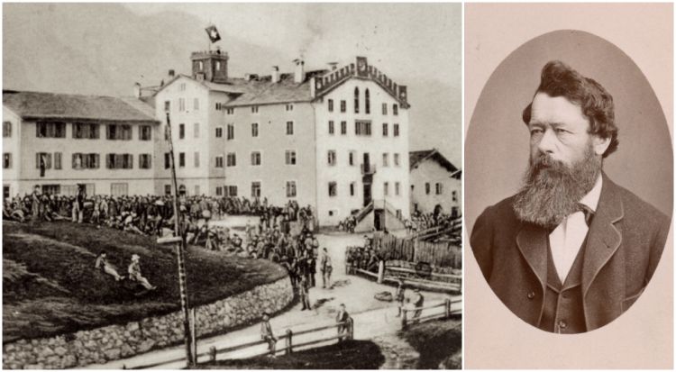 The Kulm Hotel in its early days and its founder, Johannes Badrutt. The original structure, with its typical double entrance staircase, still exists, in the south-west wing of the hotel
