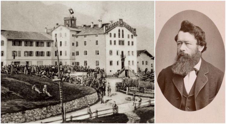 Il Kulm Hotel agli esordi e il suo fondatore, Johannes Badrutt. La struttura originaria, con la tipica doppia scalinata d'entrata, esiste ancora, nell'ala più sudoccidentale dell'hotel
