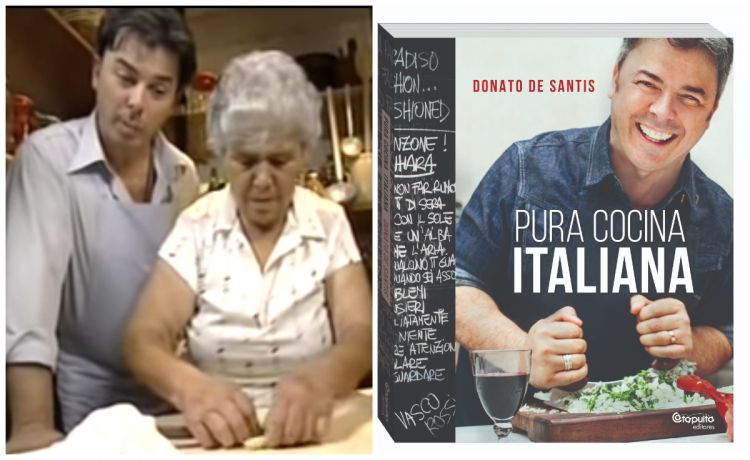Screenshot di una delle trasmissioni di De Santis, Italia Mia, una sorta di Linea Verde argentina: qui è in Puglia, assieme alla madre. A destra, uno dei suoi tanti libri di cucina che ha pubblicato
