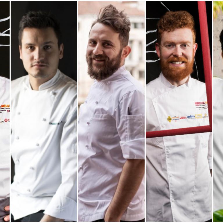 Cinque chef dei cinque ristoranti bartoliniani in Italia: da sinistra Marco Ortolani, Gabriele Boffa, Donato Ascani, Alex Manzoni, Juan Camilo Quintero
