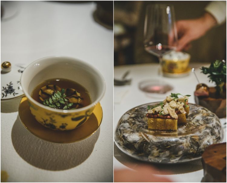 Due servizi della quaglia: a sinistra come ripieno del tortellino in brodo, a destra come paté spumoso di fegatini su pan brioche. Foto Gaia Menchicchi