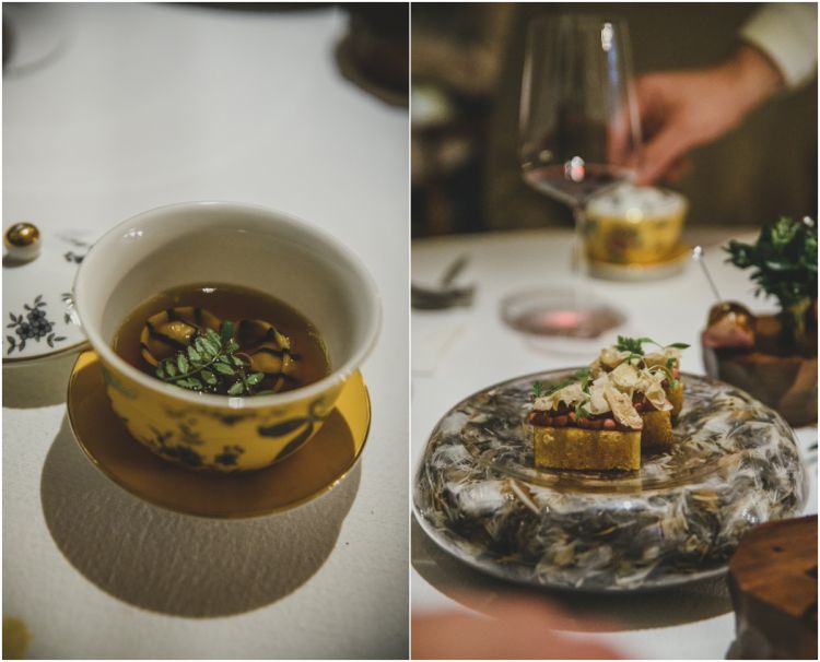 Due servizi della quaglia: a sinistra come ripieno del tortellino in brodo, a destra come paté spumoso di fegatini su pan brioche. Foto Gaia Menchicchi
