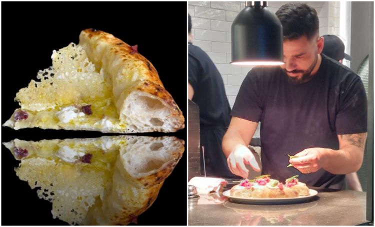 Raffaele Bonetta al lavoro e, a sinistra, una sua pizza-omaggio a Massimo Bottura, ossia al suo celebre piatto Le Cinque stagionature del Parmigiano
