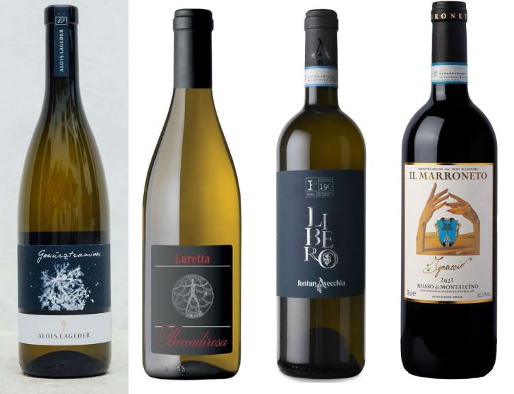 I primi quattro vini che vi consigliamo: Alto Adige Doc Gewürztraminer di Lageder, Boccadirosa Malvasia Aromatica di Candia di Luretta, Falanghina Libero F particella 190 di Cantina Fontanavecchia e Ignaccio 2021 di Il Marroneto