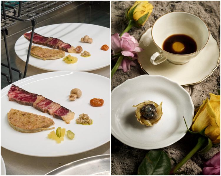 A sinistra il "bollito": cotechino di cinghiale, pajata e bistecca. A destra Tartelletta d'occhio di pecora affumicato e Vermouth ai volatili