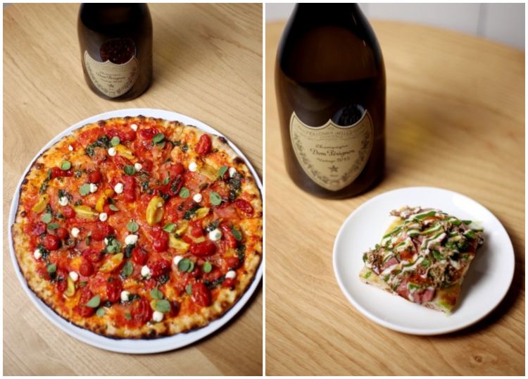 Il pairing Dom Pérignon con la pizza d'autore: a sinistra, Come una bruschetta al pomodoro di Pierdaniele Seu (Seu Pizza Illuminati, Roma), mentre a destra, Piccione e funghi di Alessandro Santilli, ex allievo di Oliver Glowig e oggi al timone di Frumentario, sulla Tuscolana a Roma