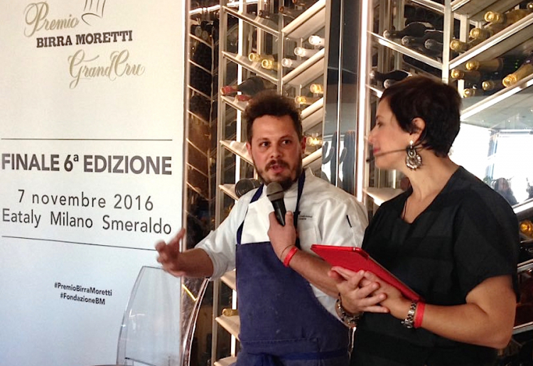 Francesco Brutto, chef at Undicesimo Vineria in Treviso, with Francesca Barberini at the finals of the Birra Moretti Grand Cru award in Milan, in November 2016
