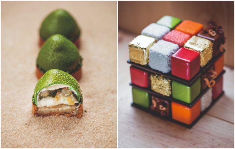 Tartellette al limone verde e Torta Rubik, due delle creazioni più iconiche di Cédric Grolet. La Torta Rubik è composta da 27 pasticcini a forma di cubetti, ispirato al Cubo di Rubik. I cubetti vengono preparati separatamente con ripieni diversi (marmellata di limone, pralina di pistacchio, ganache al cioccolato, pralina al cioccolato enocciola...); vengono poi glassati con glasse colorate che ricordano le facce del cubo e venduti come un unico pezzo