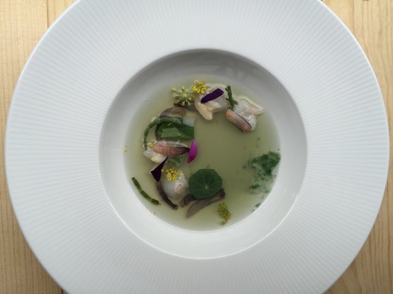 The Sea by Heinz Beck: lyophilised scampi claws and potatoes regenerated with a seafood consommé