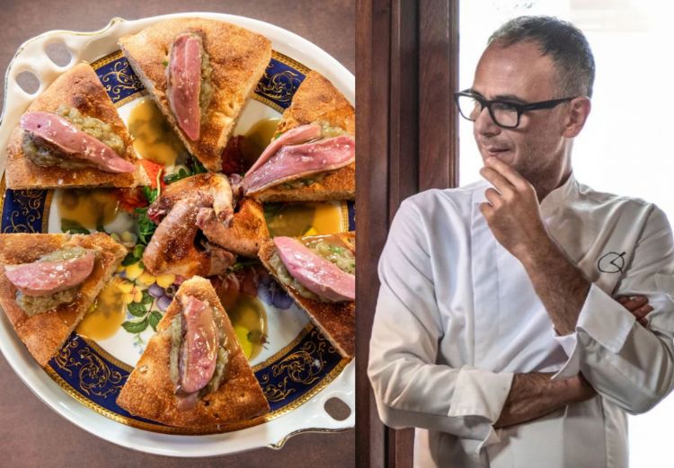 La pizza Piccione: piccione, il suo fondo, melanzane arrostite alla scapece del maestro pizzaiolo Davide Di Bilio
