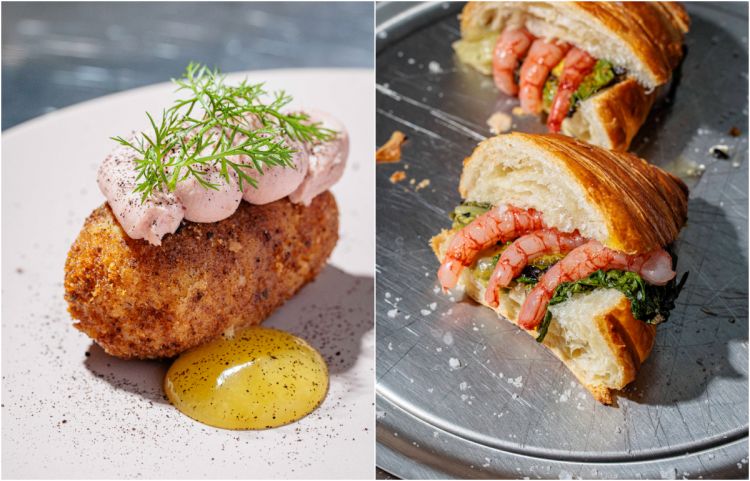 Crocchetta provola, mortadella e arancia e Croissant cocktail (con gamberi rossi, lattuga arriosto e salsa rosa fatta in casa)
