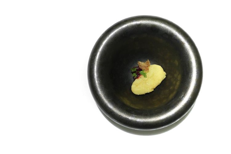 Lattume di seppia in tempura e mirtillo fermentato
