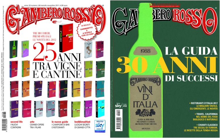 Le copertine del Gambero Rosso in occasione dei 25 e dei 30 anni, rispettivamente anno 2011 e 2016 (quest'ultima celebrava i primi 10 anni)