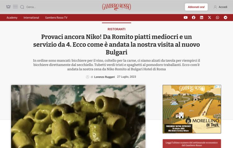 La stroncatura dell'allora nuovo ristorante di Niko Romito al Bvlgari di Roma, scritta da Lorenzo Ruggeri sotto la direzione di Marco Mensurati