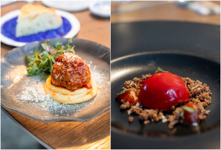 A sinistra Polpetta di carne in sugo, crema di patate, cachi al caffè e cannella, farinella di ceci e misticanza di portulaca e olio di sponsale, di Diana Pignatelli. A destra Pomod’oro, ossia mousse al cioccolato fondente, glassa al pomodoro e cioccolato bianco, crumble alle mandorle, marmellata di pomodoro, basilico e sale Maldon, di Domenico Cilenti