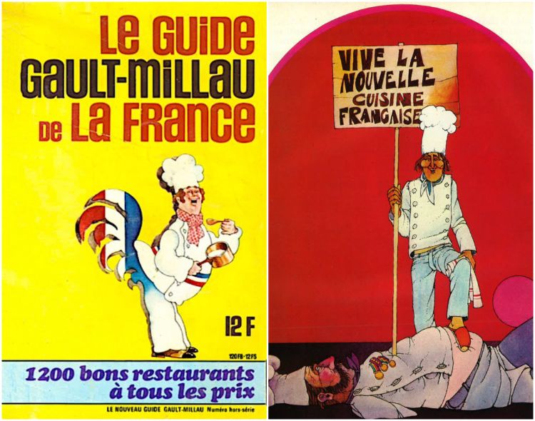 A sinistra, la copertina della prima edizione della guida Gault&Milleau, era l'anno 1972. A destra, un'illustrazione che accompagnava "i 10 comandamenti della Nouvelle cuisine", anno 1973
