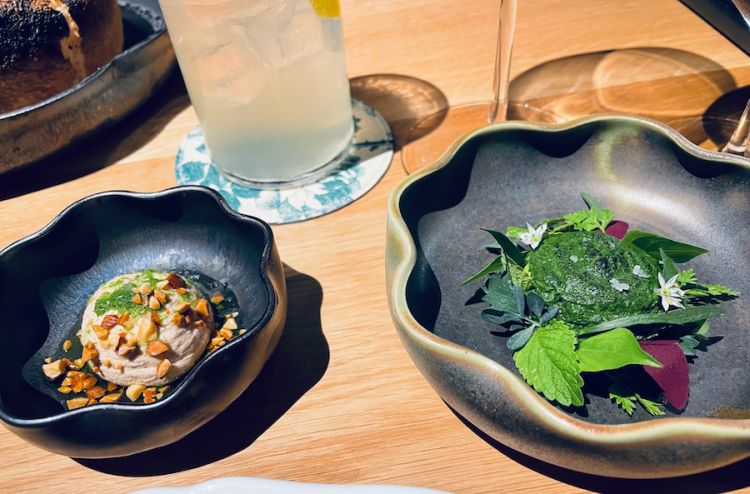 Welcome to Gatto Verde in the sign of Tòla Dòlza. On the left Almond and citron hummus, on the right the Ricotta di Rosola in her garden
