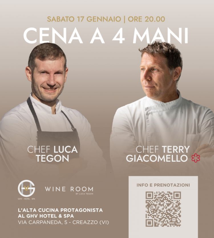 Sabato 17 gennaio 2026, alle ore 20, il GHV Hotel & Spa di Creazzo ospiter&agrave; una speciale cena-evento a quattro mani che vedr&agrave; protagonisti Luca Tegon, chef della struttura e anima del ristorante fine dining Wine Room by Luca Tegon, e Terry Giacomello, chef stellato tra le figure pi&ugrave; autorevoli e sperimentali della scena gastronomica contemporanea. Previsto un menu degustazione esclusivo, creato appositamente per l&rsquo;occasione, solo su prenotazione e al costo di 85 euro a persona (vini esclusi). Per informazioni e prenotazioni clicca qui
