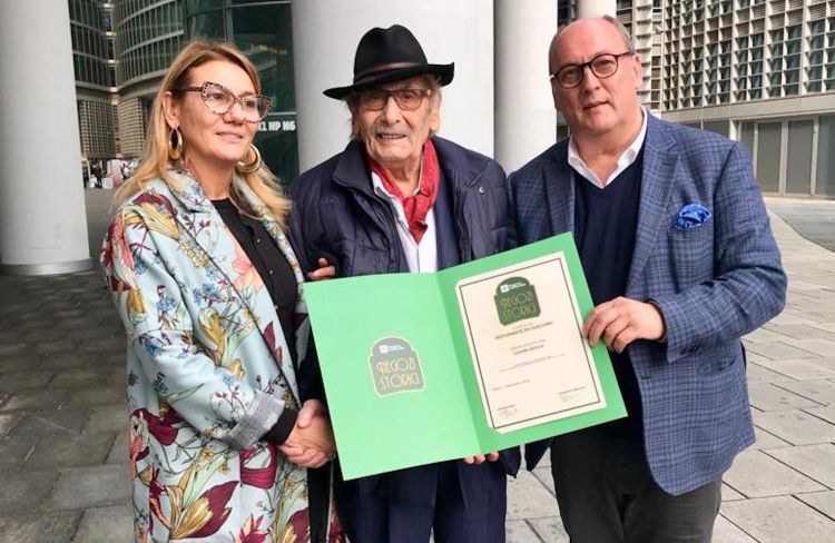 Giacomo Bulleri con Tiziana Bulleri e Marco Monti alla premiazione del suo Da Giacomo come Bottega Storica, novembre 2018
