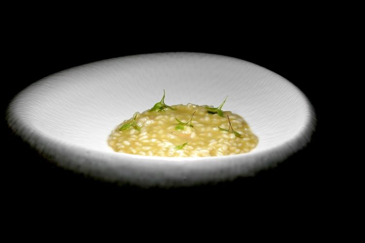 Risotto della Laguna di Venezia: è bagnato e mantecato in brodo di gò (o ghiozzo. Sarebbe il Zosterisessor ophiocephalus), un pescetto di fondale pieno di lische, viene utilizzato tradizionalmente appunto per i brodi. Il riso è un Vialone Nano dell'azienda Melotti a Isola della Scala (Verona). Il risotto è condito con fasolari, cozze, vongole veraci, germogli di prezzemolo ed estratto di limone
