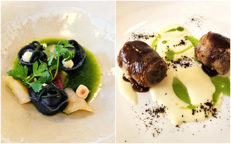 Tortelli ripieni di sedano rapa caramellato con capasanta ed estratto di sedano acquatico di Andrea Miacola e Paccanello con crema di sedano rapa, fondo di cottura e polvere di caffè di Michele Impagnatiello
