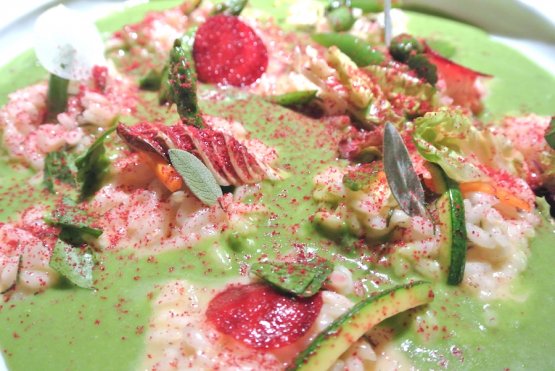 Rice in cagnone with vegetables, Maccagno and powdered raspberries, a creation of chef Antonio Guida in restaurant Seta at the Mandarin Oriental in Milan