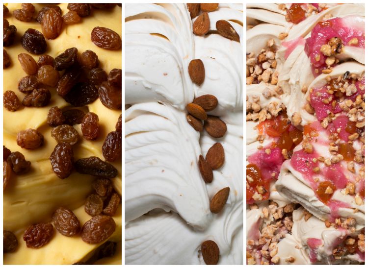 Tris: Malaga con rum, Mandorle di Sicilia, Nocciola salata con pesche saltate al Prosecco e nocciole sabbiate
