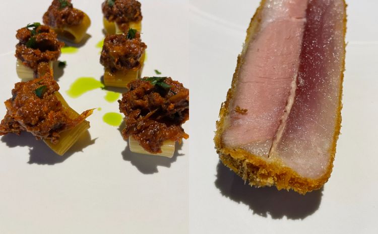 Habitat tonno - Tra gli habitat più strepitosi di tutti e due piatti a confermarcelo. Una cotoletta, metà maiale, metà tonno - che, dopotutto è il maiale di mare - e poi la pasta col tonno, memoria di un pasto da studenti, di scatolette svuotate senza criterio in una pentola, prezzemolo bruciato, pasta avanzata o stracotta. Eppure da quella serie di difetti, nasce un’idea brillante, una pasta al tonno che riassume tutto ciò che troveresti in una versione eseguita in maniera grossolana, nella visione di Bonora piacevole, appagante