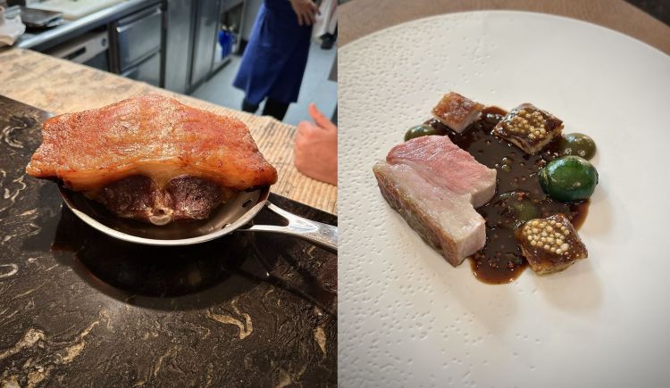 A sinistra, la Sella d’agnello dei Pirenei, ancora da porzionare e cuocere sull'osso, dopo essere stata marinata nel koji di riso per 6 giorni. A destra, la stessa servita con un Gratin di bieta con mostarda, salsa barbecue con i friggitelli, bieta ripiena di ragù di interiora d'agnello, salsa con cetrioli sottaceto, mostarda e salsa di carne. Capolavoro
