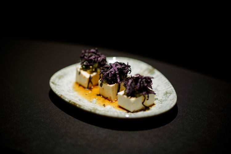 Hiyayakko: tofu, shiso, umeboshi, tsukemono, sesamo, ponzu homemade