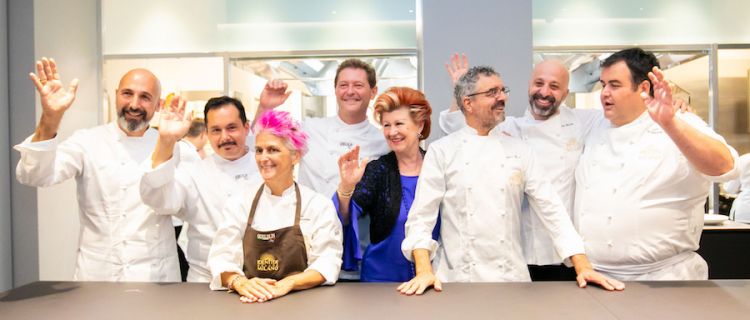 On the 19th of September 2018, the second gala dinner at the hub in Via Romagnosi, after celebrating the cuisine of Milan, that of Italy. Left to right: resident chef Andrea Ribaldone, who was holding a star in Piedmont at the time, Alessandro Della Tommasina, Cristina Bowerman, Enrico Cerea, Annie Feolde, Mauro Uliassi, Niko Romito and Gennaro Esposito
