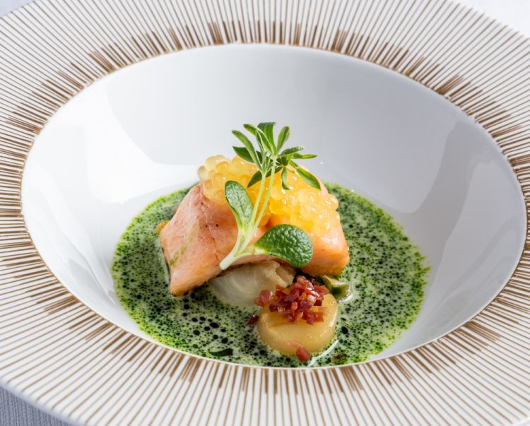 Trota salmonata, fagioli bianchi piccoli, sedano, cavolo bianco, speck contadino&nbsp;-&nbsp;Michael Mayr
