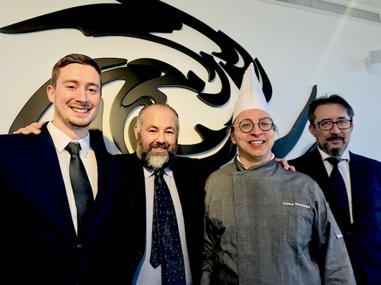 A souvenir photo from early in January 2019 at Tiglio in Vita in Porto Recanati. Left to right: Nicola Coccia, Gian Luigi Silvestri, Enrico Mazzaroni and Massimiliano Santini. After reopening Il Tiglio in Montemonaco, Coccia will move there to direct the dining room 
