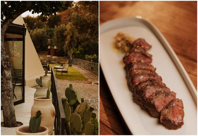 Il giardino di Ilici e, a destra, uno dei piatti di carne