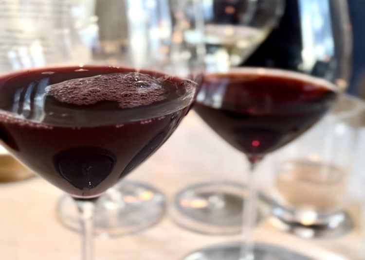 Next to the glass of Barolo (to the right) they serve a very similar nectar. It’s not wine but Giulia’s fifth alcohol-free pairing: blackberries, lingonberries and dried cherries in infusion, with homemade pine powder and smoked pine added to the glass

