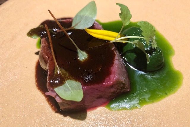 Venison with purée of nettles and oil with parsley 
