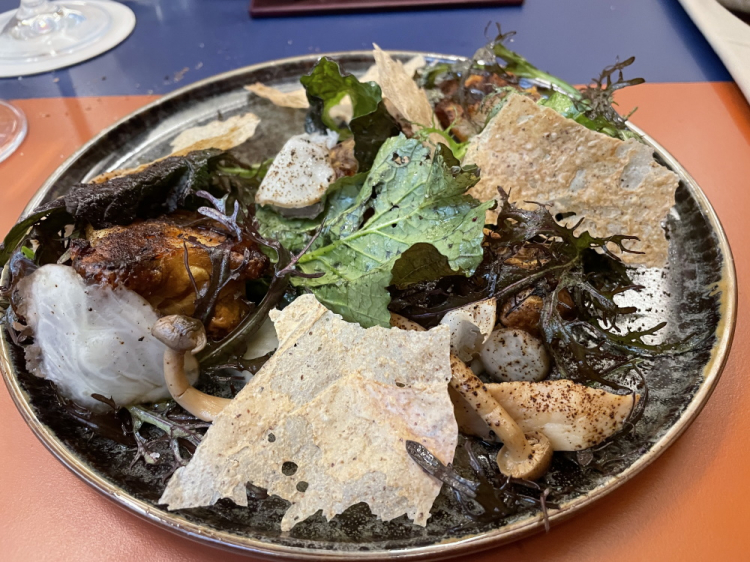 Variazione di topinambur, pickles di funghi, foglie di senape e chips di grano saraceno