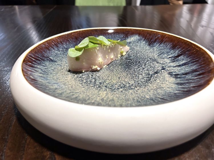 L'eccellente Ricciola oceanica cruda, wasabi fresco, cipollotto e foglia ostrica
