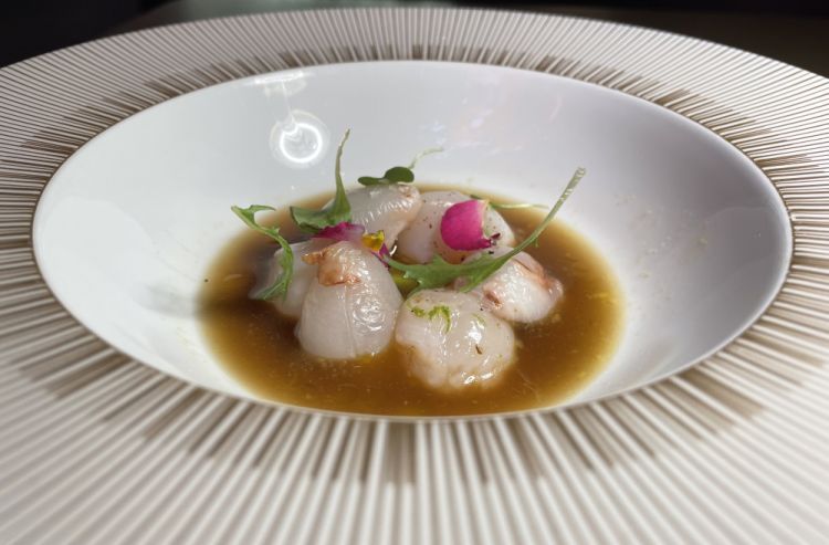 Capasanta, litchees, brodo di sedano
