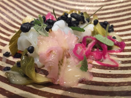 Calamari in Italian ceviche returns on the theme of acidity, dominating the first part of the menu 
