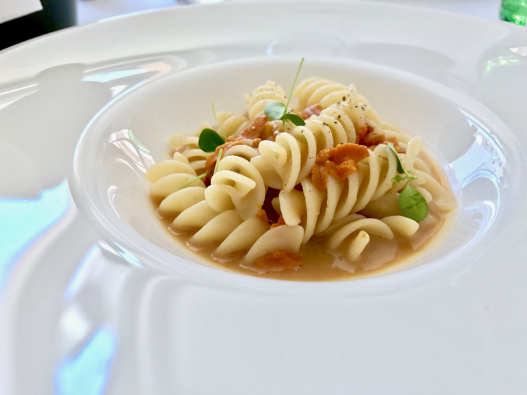 Fusilloni con crema di fagioli e ricci di mare
