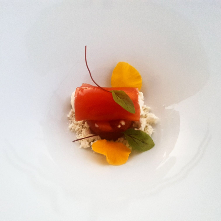 Red tuna tartare, terriccio with extra virgin olive oil, cow’s milk ricotta and gelatine of cherry tomatoes
